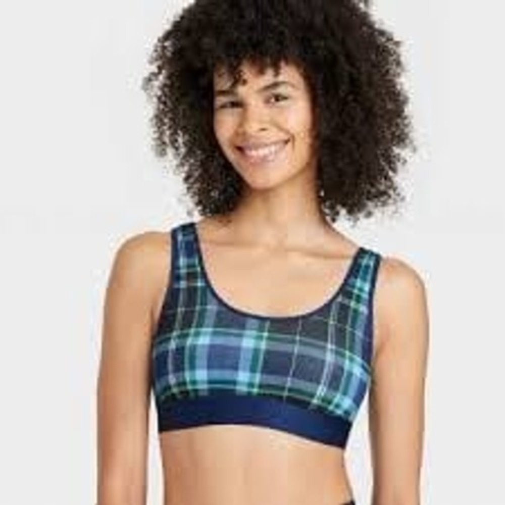 NEW Auden Blue/Green‎ Plaid Cotton Stretch Unlined Scoop Bralette, XS
